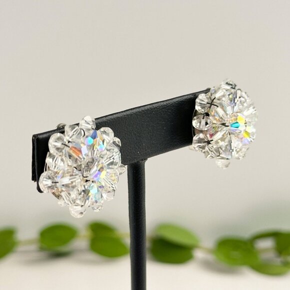 Vintage Aurora Borealis Crystal Cluster Clip-On Earrings 1950s 1" Diameter - Picture 3 of 7